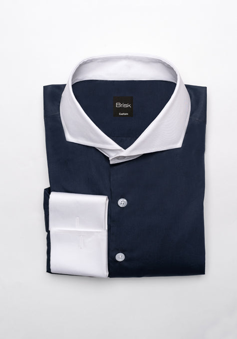 Egyptian Navy Blue Light Weight 80's Poplin Shirt - White Extreme Collar - Sale