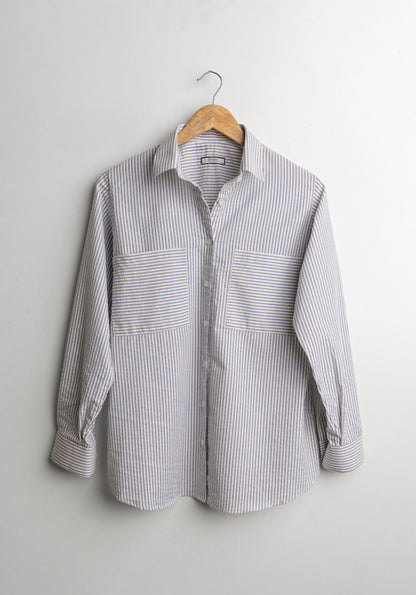 Pastel Steel Blue Relaxed Seersucker Stripes Shirt