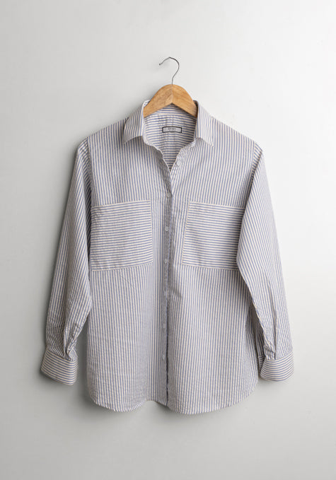 Pastel Steel Blue Relaxed Seersucker Stripes Shirt - Sale