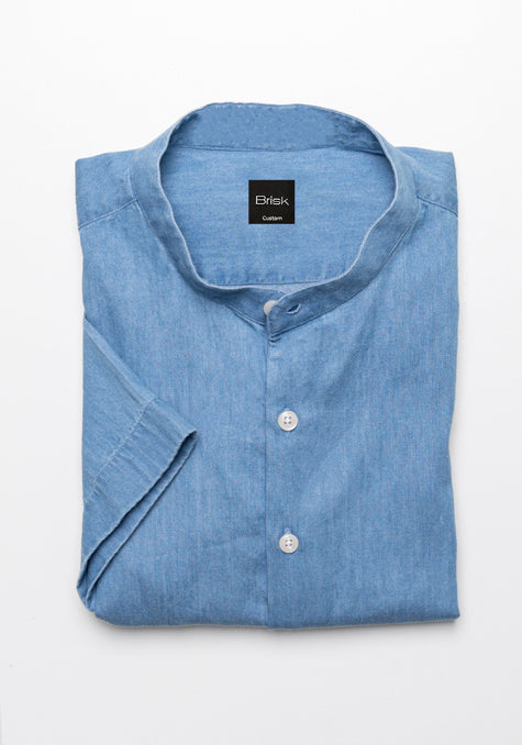 SUMMER DENIM LIGHT WASH SHIRT - HALF SLEEVES BAND COLLAR - SALE