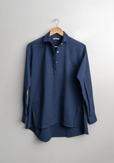 Black & Navy Stretch Relaxed Seersucker Stripes Shirt