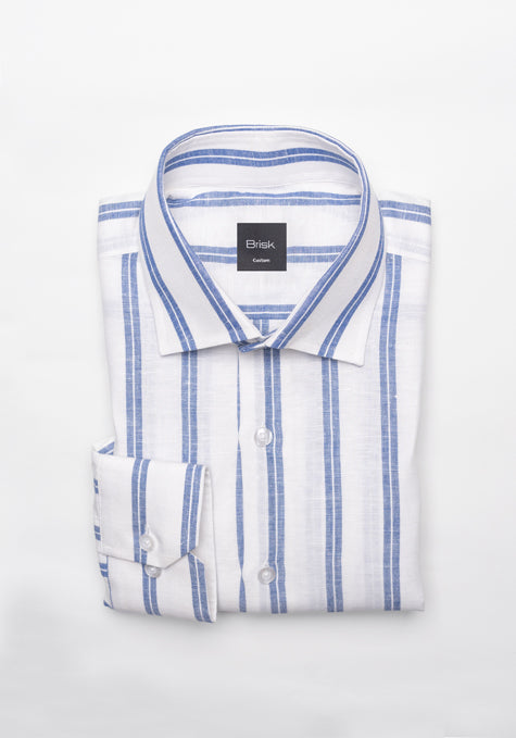 Dual Blue On White Cotton Linen Stripes Shirt