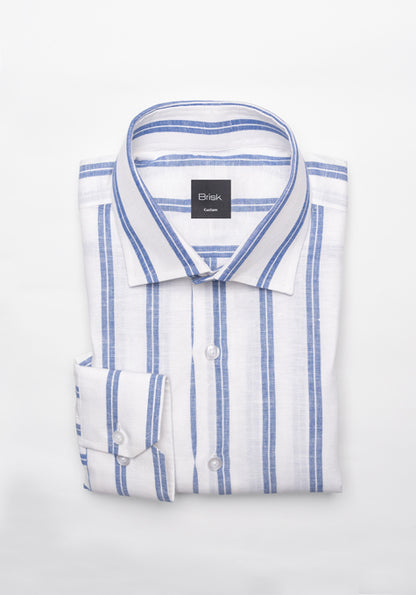 Dual Blue On White Cotton Linen Stripes Shirt