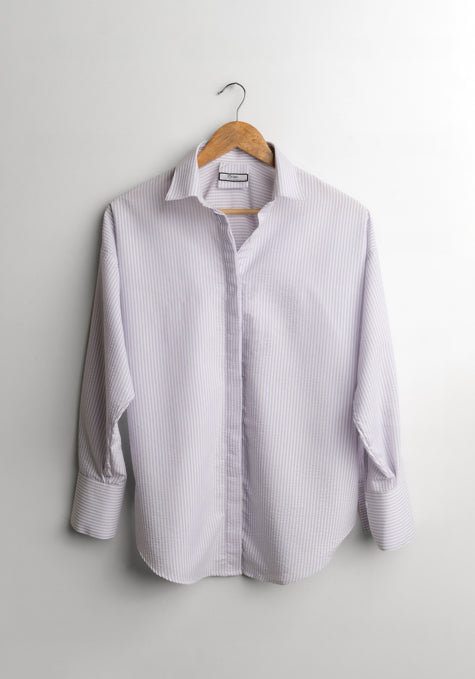 Pastel Lavender Seersucker Stripes Relaxed Shirt - Sale