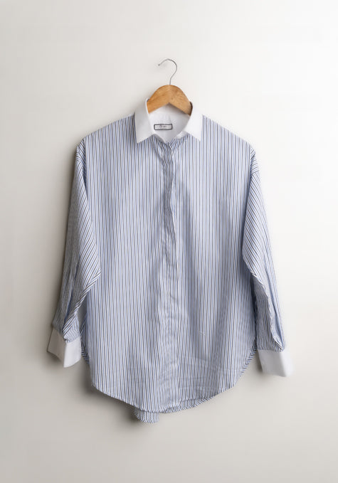 Black & Blue Pencil Stripes Block Relaxed Shirt - Sale