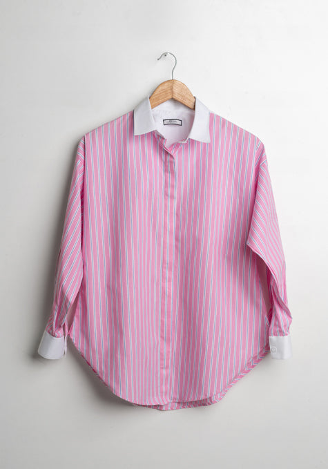 Blue On Pink Stripes Block Shirt - Sale