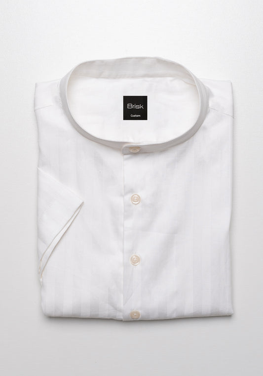 Pearl White Slub Bold Stripes Half Sleeves Shirt - Band Collar - Sale