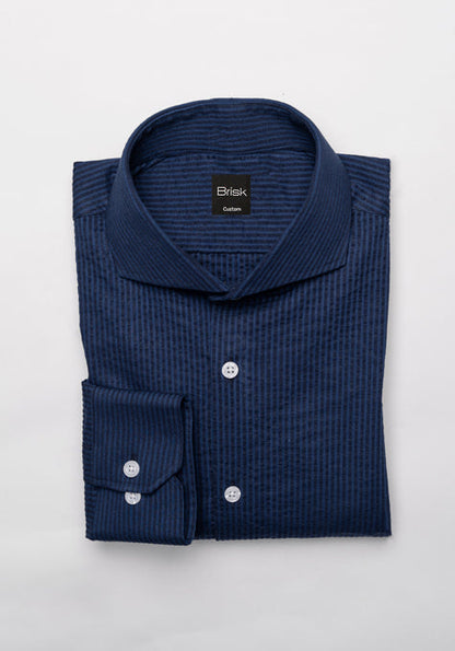 Black & Navy-Blue Stretch Seersucker Stripes Shirt
