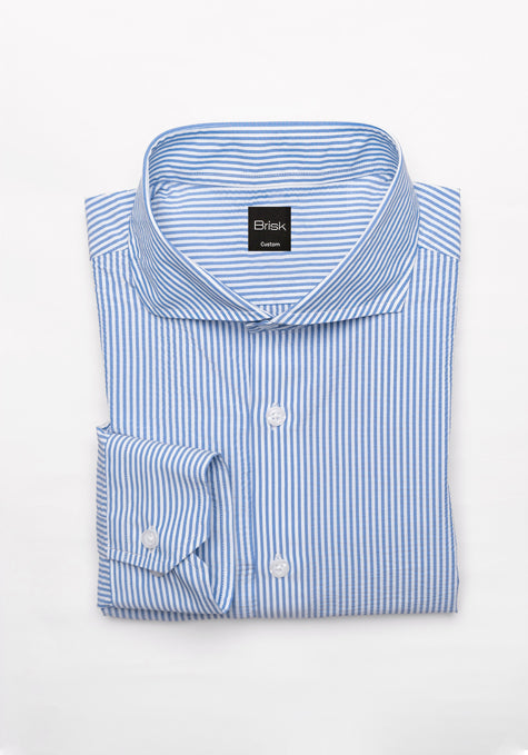 Blue Narrow Seersucker Performance Stretch Stripes Shirt - Wrinkle Free