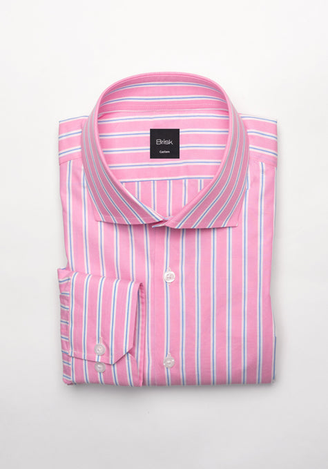 Blue On Pink Wide Stripes Shirt - Cut Away Classic Collar
