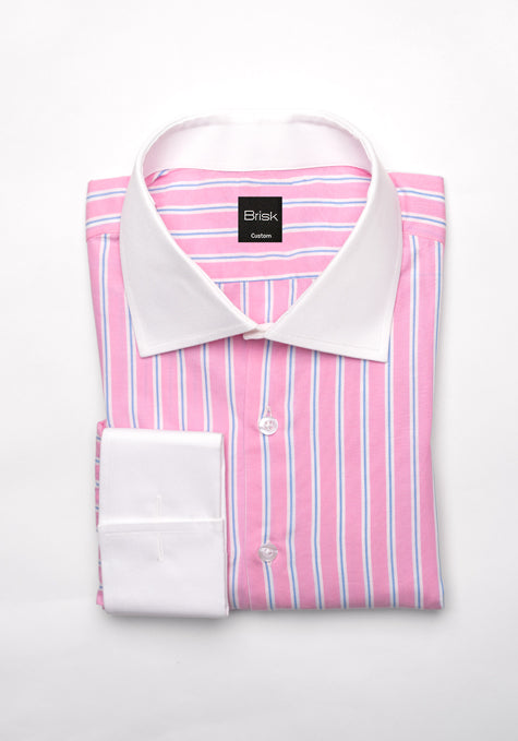 Blue On Pink Wide Stripes Shirt - White Cut Away Classic Collar