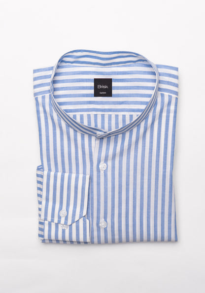 Blueish Grey Cotton Linen Stripes Shirt - Band Collar - Sale