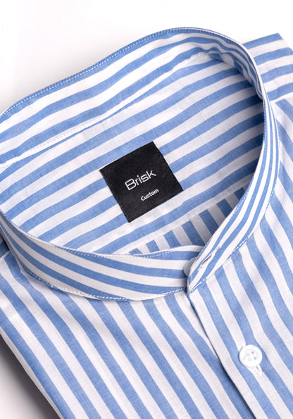 Blueish Grey Cotton Linen Stripes Shirt - Band Collar - Sale