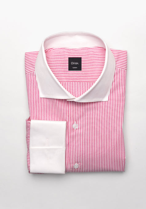 Bright Pink Narrow Stretch Stripes Shirt - White Cut Away Classic Collar - Sale