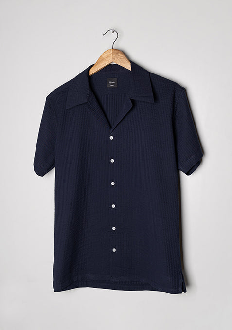 Crisp Midnight Seersucker Stripes Shirt - Camp Collar