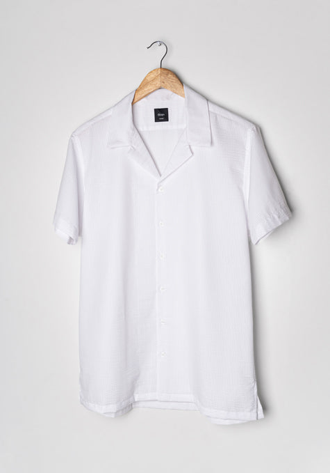 Crisp White Seersucker Shirt - Camp Collar