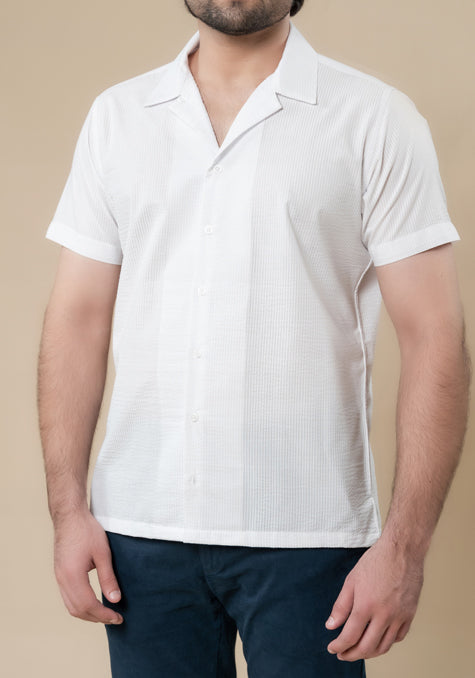 Crisp White Seersucker Shirt - Camp Collar
