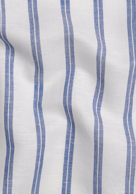 Dual Blue On White Cotton Linen Stripes