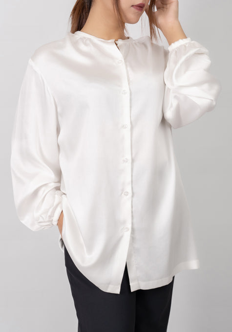 Gathered Pearl White Satin Shirt