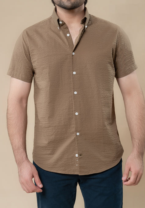 Greenish Taupe Seersucker Shirt-Half Sleeve
