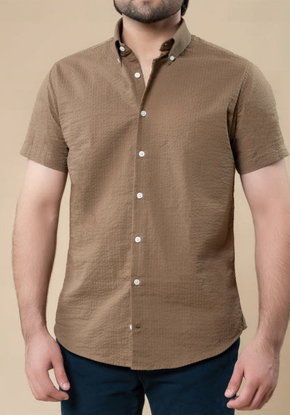 Greenish Taupe Seersucker Shirt-Half Sleeve
