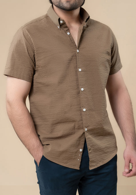 Greenish Taupe Seersucker Shirt-Half Sleeve
