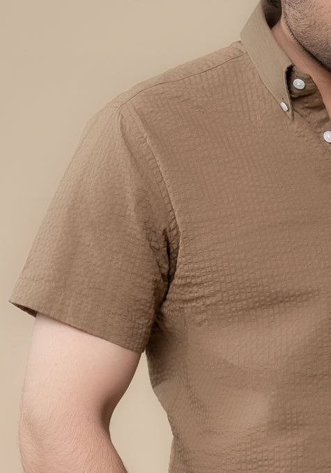 Greenish Taupe Seersucker Shirt-Half Sleeve
