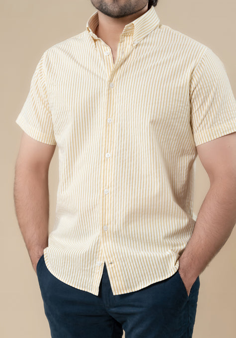 Light Mustard Seersucker Stripes Shirt - Half Sleeve
