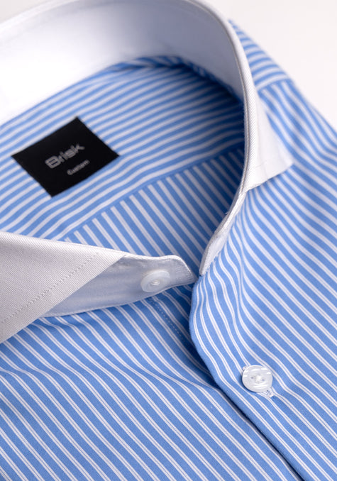 Mid Blue Pencil Stretch Stripes Shirt -White Cut Away Extreme Collar - Sale