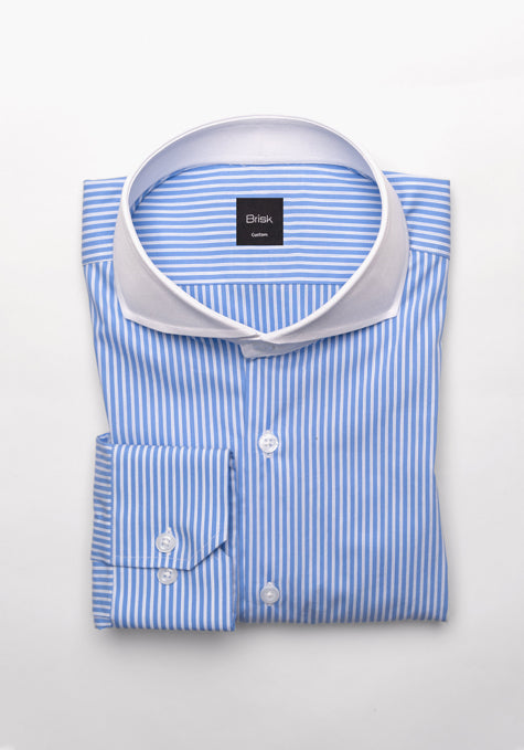 Mid Blue Pencil Stretch Stripes Shirt -White Cut Away Extreme Collar - Sale