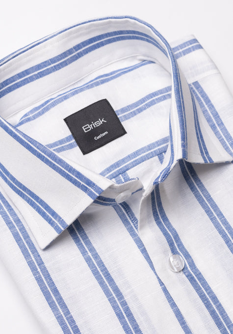 Dual Blue On White Cotton Linen Stripes Shirt