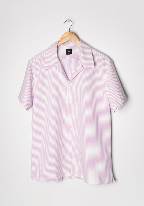 Pink Seersucker Stripes Shirt- Camp Collar
