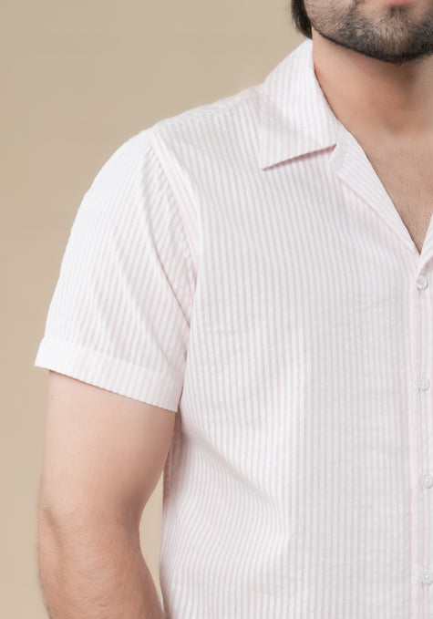 Pink Seersucker Stripes Shirt- Camp Collar
