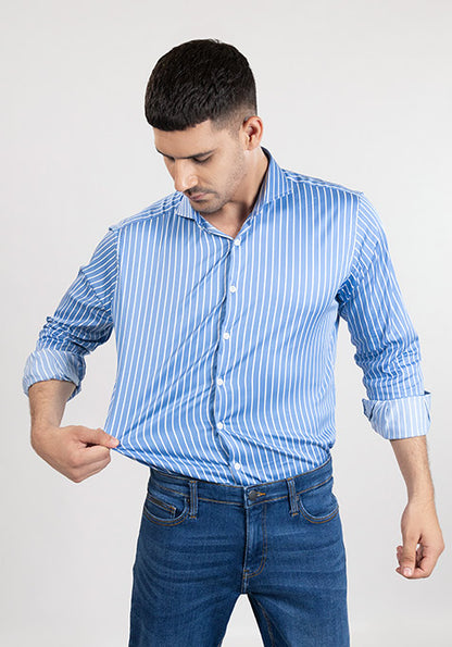 Super Fine Blue Satin Stretch Stripes Shirt