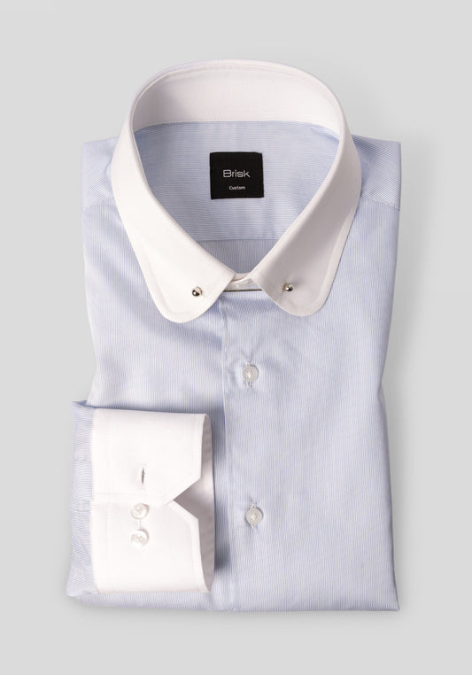 FINE BLUE PINSTRIPES SHIRT - WHITE CLUB COLLAR - SILVER PIN - SALE