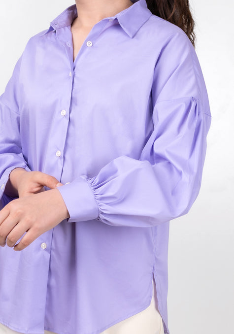 Lilac Stretch Balloon Sleeves Relaxed Fit Shirt - Sale