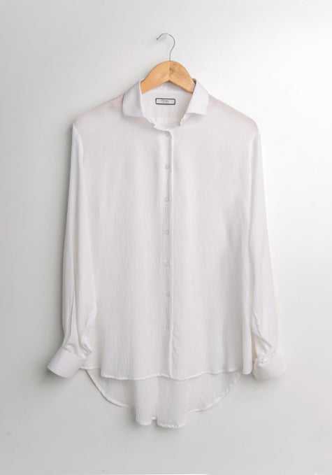 White Crinkled Gauze Relaxed Fit Shirt - Sale