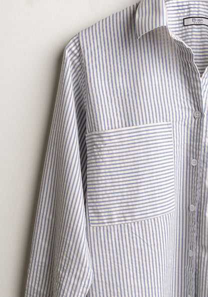 Pastel Steel Blue Relaxed Seersucker Stripes Shirt