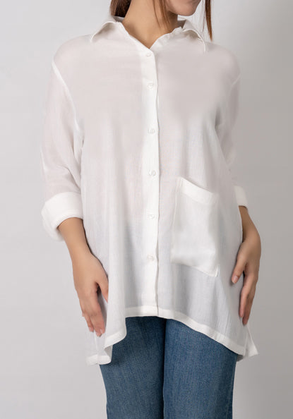 White Crinkled Gauze Shirt- Classic Straight