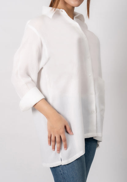 White Crinkled Gauze Shirt- Classic Straight